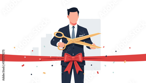Grand Opening Concept with Businessman Holding Large Golden Scissors to Cut Red Ribbon with Bow at Ribbon Cutting Ceremony, Business Launch, Inauguration Event and Success Celebration Vector