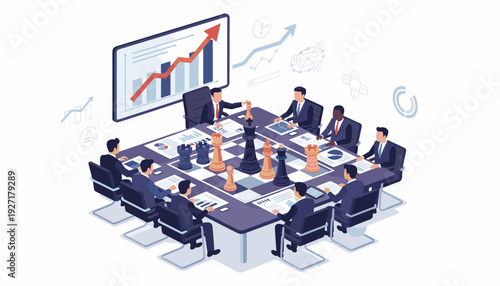 Isometric illustration of business professionals in a boardroom meeting around a chessboard table, representing strategic planning, corporate leadership, growth analysis, and team success.