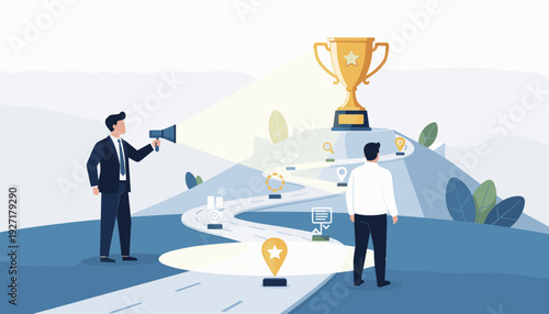 Business leader using a flashlight to illuminate a winding career path for an employee, guiding them towards a golden trophy of success and achievement, mentorship and professional growth concept.