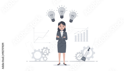 Sad Businesswoman Standing with Unlit Lightbulbs Representing Lack of New Ideas and Creative Inspiration, Concept of Business Failure, Stress, and Difficulty in Solving Complex Problems Vector