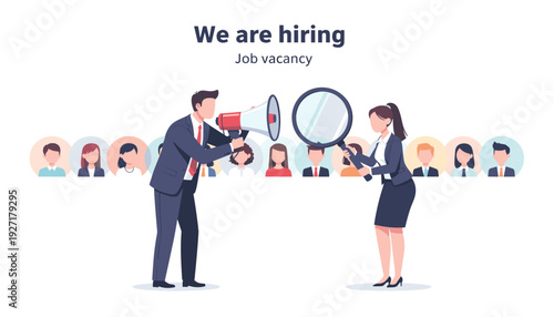 Recruitment Concept with HR Professionals Using Megaphone and Magnifying Glass to Find Best Candidates for Job Vacancy, Talent Acquisition and Hiring Process Illustration for Business Career