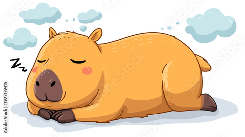A cartoon illustration of a sleeping, large, brown rodent with closed eyes and cloud thought bubbles
