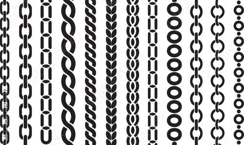 Chain seamless brushes. Twisted braided silhouette links, jewelry borders, fashion apparel patterns. Repeat necklace stripes, bracelet stencil dividers. Vector isolated set