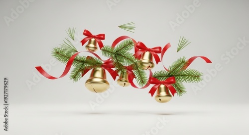 Festive Golden Christmas Bells with Red Ribbons and Pine Branches Floating. Elegant Holiday Decoration for Joyful Seasonal Celebrations