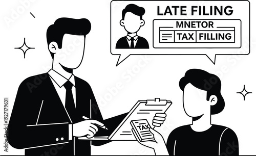 Accountant assisting client with tax filing documents in office