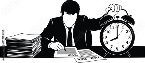 Stressed entrepreneur working on financial tax documents with clock