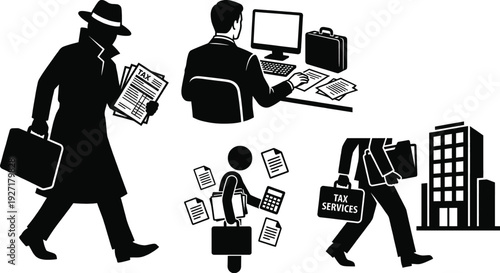 Tax consultant character with briefcase and documents illustration