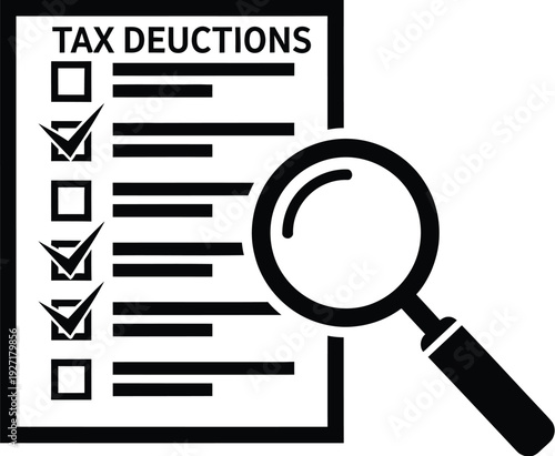 Tax deductions checklist with magnifying glass vector icon set