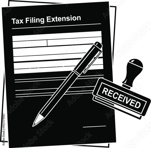 Tax filing extension request form with pen and stamp