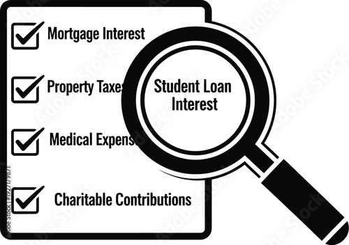 Tax deductions checklist with magnifying glass vector icon set