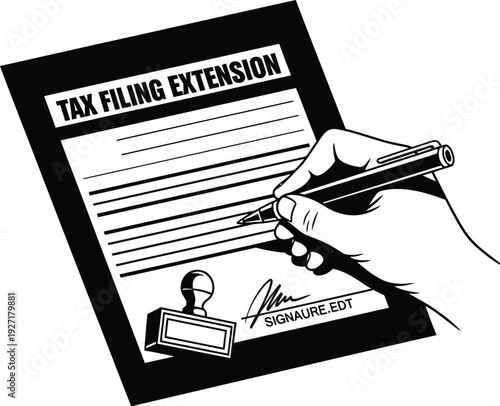 Tax filing extension request form with pen and stamp