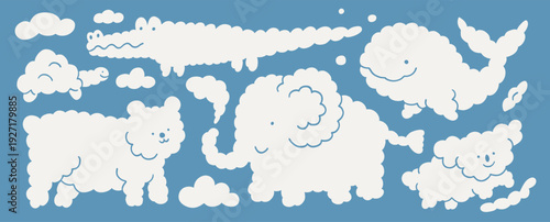 Illustration of white clouds in the shape of animals on light blue background. Cloud dancer and blue colors. Different cloudy animal set. Print for kids, banner design. Bear, turtle, crocodile.