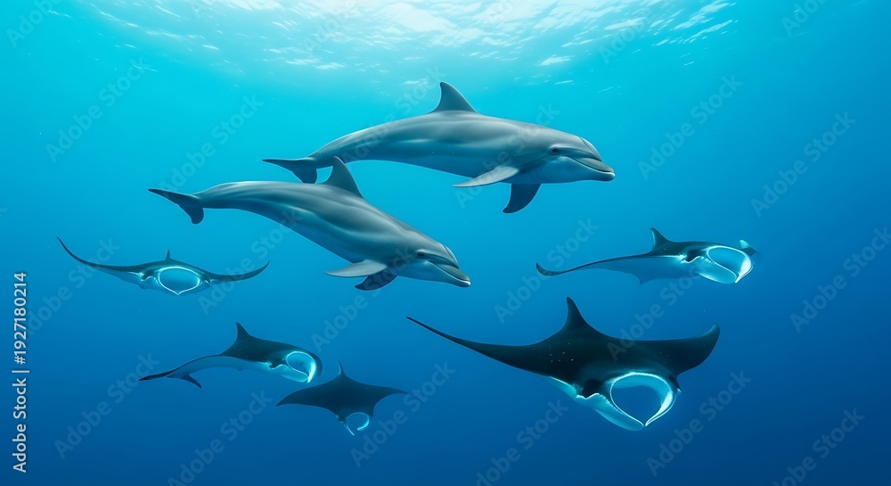 Obraz premium Dolphins and Stingrays Swimming Underwater.