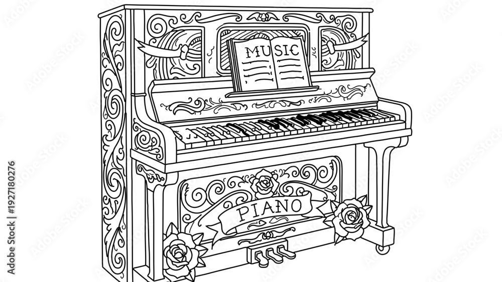 Fototapeta premium A beautifully designed vector illustration of a decorative piano with intricate floral patterns and musical notes
