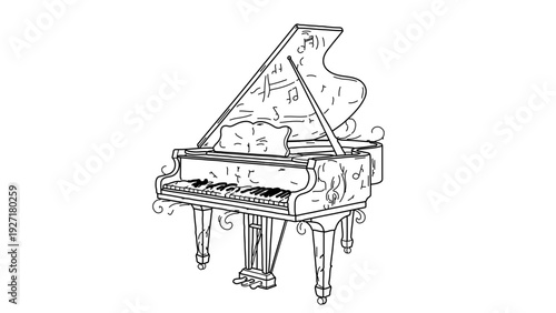 A minimalist line art illustration of a grand piano with an open lid