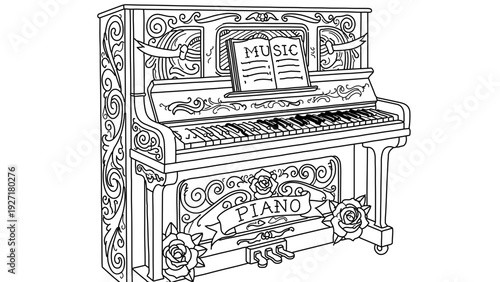 A beautifully designed vector illustration of a decorative piano with intricate floral patterns and musical notes