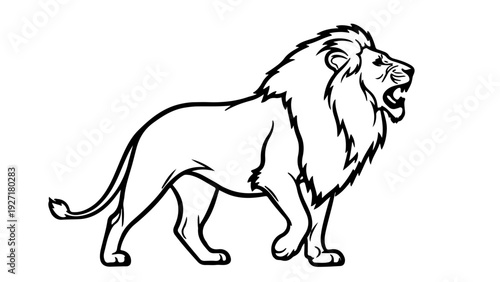 A black and white line art illustration of a roaring lion with a majestic mane