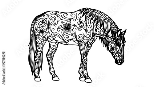 A beautifully designed vector illustration of a horse with intricate floral patterns and swirling designs on its body