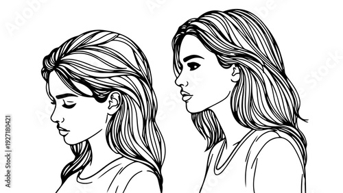 A minimalist vector illustration of two women in profile facing each other in a simple and elegant design