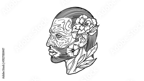 A minimalist vector illustration of a man's head with flowers and leaves