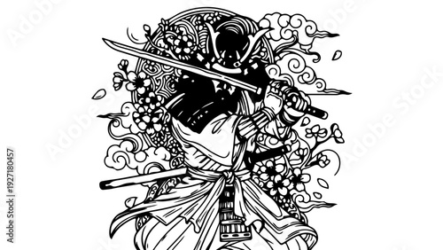 A dramatic vector illustration of a samurai warrior with a sword and flowing robes in a dynamic pose