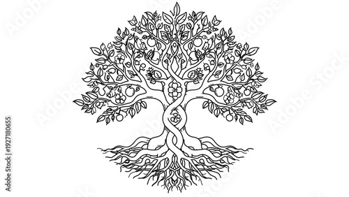 A detailed vector illustration of a tree with sprawling roots and lush foliage in a minimalist line art style