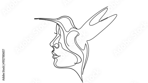 A minimalist line art illustration of a woman's face in profile with a bird emerging from her hair