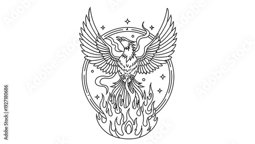 A mystical phoenix rises from flames in a circular emblem with stars and a crown