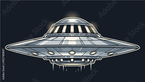 A sleek silver UFO spaceship flying through the dark night sky