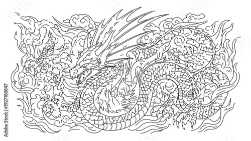 A detailed line art illustration of a dragon surrounded by flames and smoke
