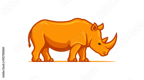 A stylized illustration of an orange rhinoceros. It's standing facing right, a single horn prominent