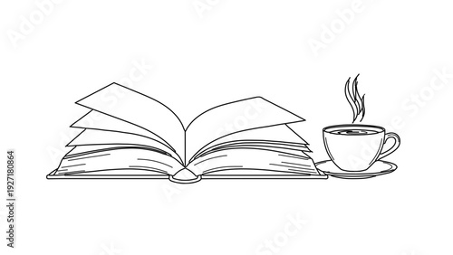 A minimalist line art illustration of an open book with a steaming cup of coffee on a saucer