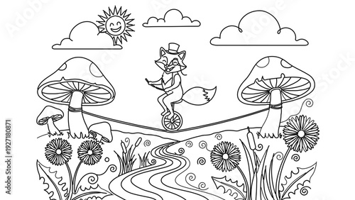 A whimsical vector illustration of a smiling fox balancing on a tightrope in a fantastical garden with mushrooms and flowers