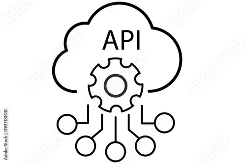 API Cloud Technology: The digital realm comes to life with a clean, vector illustration depicting the API concept as a cloud, underscored by a gear and electrical connectors.