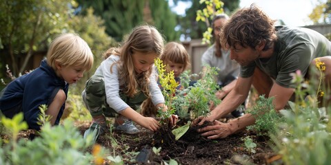 Family plants flowers in garden with children in a backyard during sunny afternoon