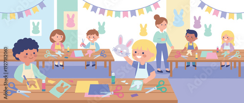 Playful flat vector illustration of children in a classroom workshop making Easter bunny crafts. Kids and teacher use scissors and glue to create masks and paper cutouts for the holiday.