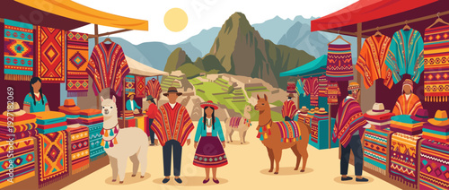 Vibrant flat vector illustration of a traditional Peruvian Andes market featuring colorful textiles, ponchos, and alpacas. People in ethnic clothing sell crafts with Machu Picchu background.