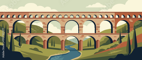 Flat vector illustration of a scenic ancient Roman aqueduct spanning a lush green valley with a winding river, historical stone bridge architecture featuring multiple tiers of arches in landscape.