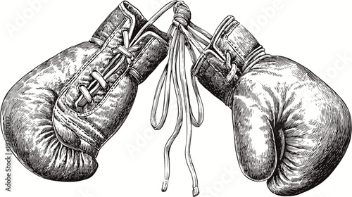 Detailed black and white illustration of two boxing gloves tied together