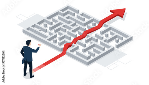 Businessman Drawing Red Arrow Line Breaking Through Complex Maze. Isometric Vector Illustration of Solving Business Problems, Finding Shortcuts, Strategic Innovation, and Achieving Growth Success.