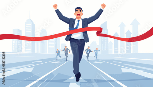 Successful businessman in a professional suit crossing the red finish line ribbon first in a competitive race against colleagues with a city skyline background, concept of victory and leadership.