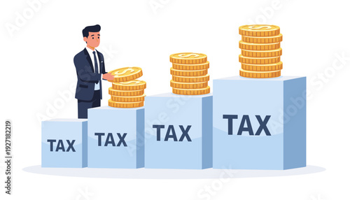 Businessman stacking gold coins on blue blocks with the word tax written on them. Progressive tax concept illustration showing increasing tax rates and financial responsibility for business.