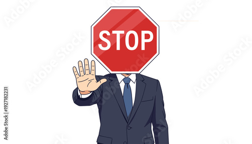 Businessman in a Professional Suit with a Stop Sign Head Holding Out His Hand in a Stop Gesture, Concept of Business Regulation, Compliance, Warning, Prohibition, and Corporate Policy Illustration