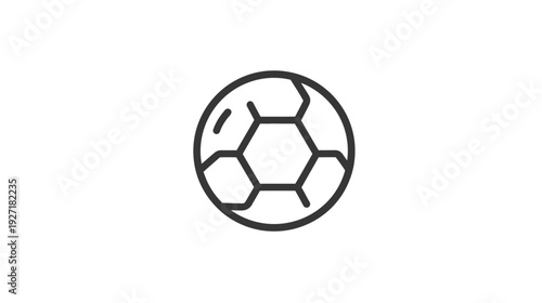 A minimalist, black and white icon illustration of a soccer ball. Clean lines on a white background
