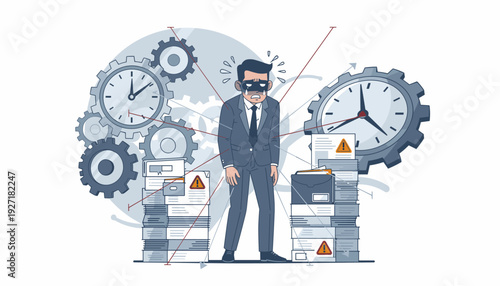 Stressed Businessman Overwhelmed by Work Pressure and Burnout Syndrome, Tired Employee Surrounded by Clocks, Gears, and Piles of Paperwork, Concept of Deadline Pressure and Mental Exhaustion.
