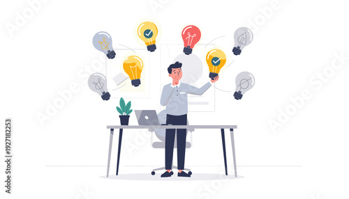 Businessman Choosing the Best Creative Business Idea Among Many Options, Concept of Decision Making, Problem Solving, Innovation, and Brainstorming with Light Bulbs and Checkmarks Vector Design