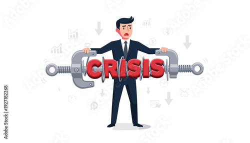 Businessman in Suit Struggling with Economic Crisis Management, Using a Large Metal Clamp to Squeeze the Word Crisis, Financial Downturn, Recession and Business Challenge Concept Illustration.