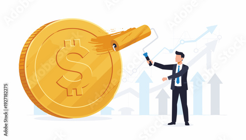 Businessman in a suit using a paint roller to color a giant gold dollar coin, representing financial success, economic growth, wealth creation, profit increase, and corporate investment strategy.