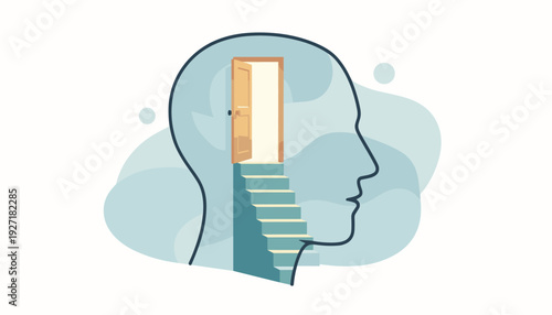 Emotional Intelligence Concept Illustration of a Human Head Profile with Stairs Leading to an Open Door of Light, Representing Self-Awareness, Mental Health, Mindfulness, and Personal Growth.