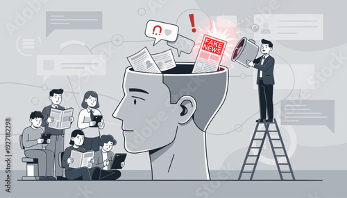 Disinformation and Fake News Concept with Man on Ladder Inserting False Information into a Giant Human Head, People Reading Newspapers and Digital Devices, Media Manipulation Metaphor